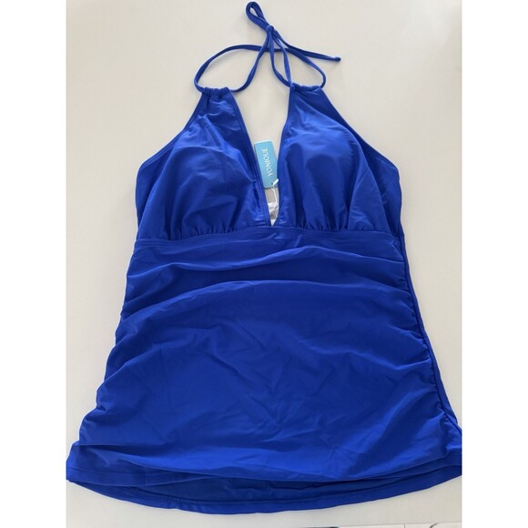 Women's Swimsuit Tummy Control Tankini top size XL royal blue Halter V Neck Swim - Picture 12 of 13